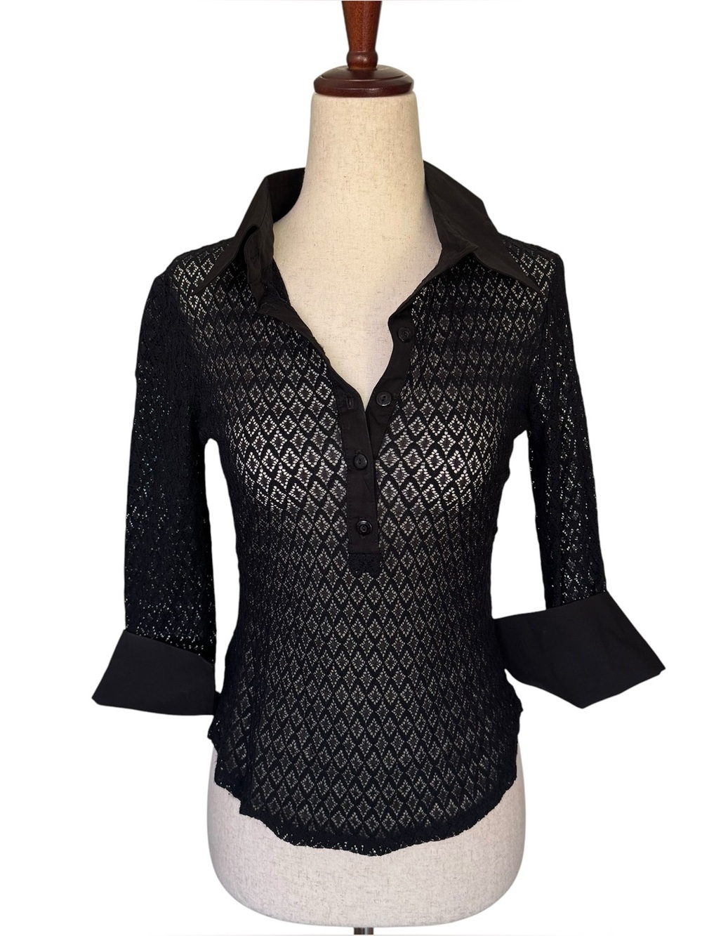 Vintage 90s y2k BEBE Black Sheer Lace Button-Down Shirt Cuffs Small
